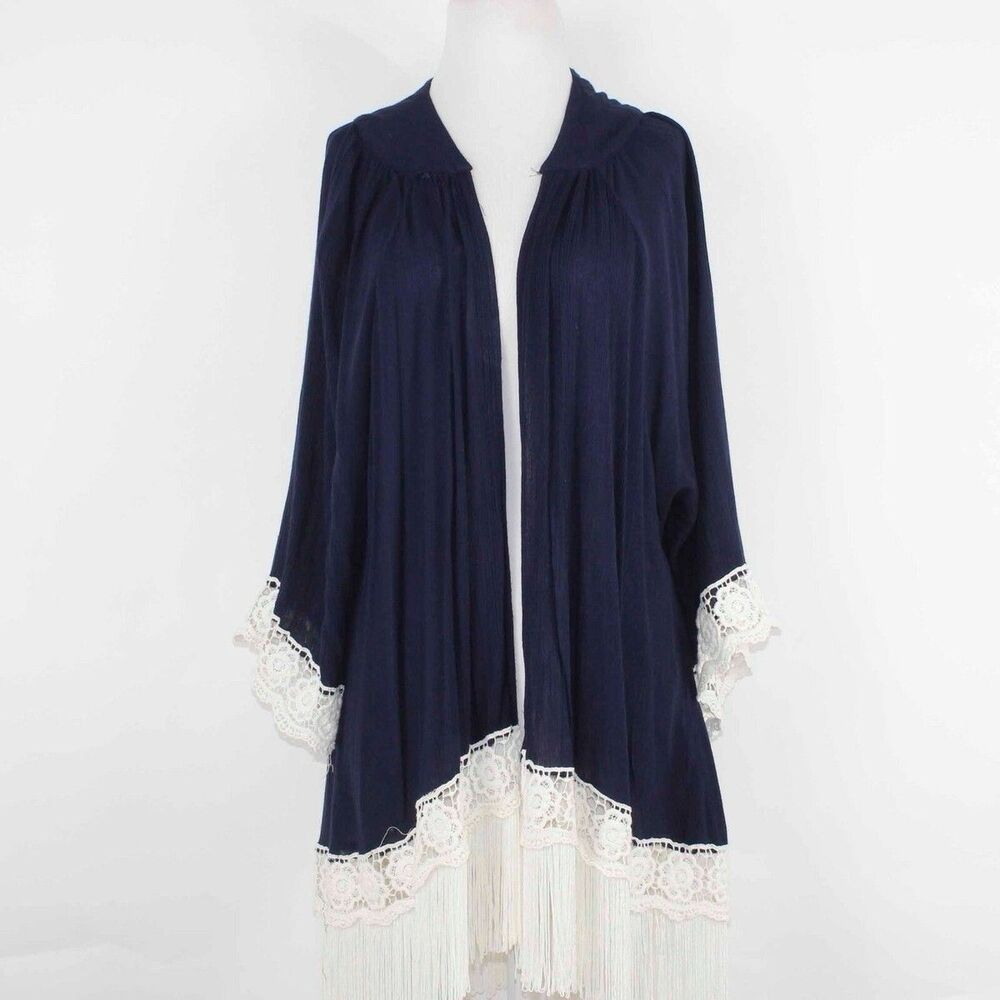 Jodifl Navy Cream Fringe Embroidered Boho 100% Rayon Wrap Sweater Cardigan Sz S